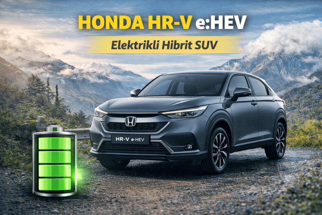 Honda HR-V e:HEV elektrikli hibrit SUV dağ manzarasında gri renkli modern tasarımıyla
