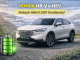 Honda HR-V e:HEV beyaz hibrit SUV modelinin dağ manzarasında dış tasarım ve batarya performans göstergesiyle tanıtım görseli
