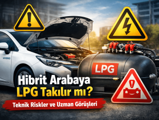 Hibrit arabaya LPG takılır mı sorusunu gösteren görsel; açık kaputlu hibrit araç, LPG tankı ve teknik risk uyarı sembolleri