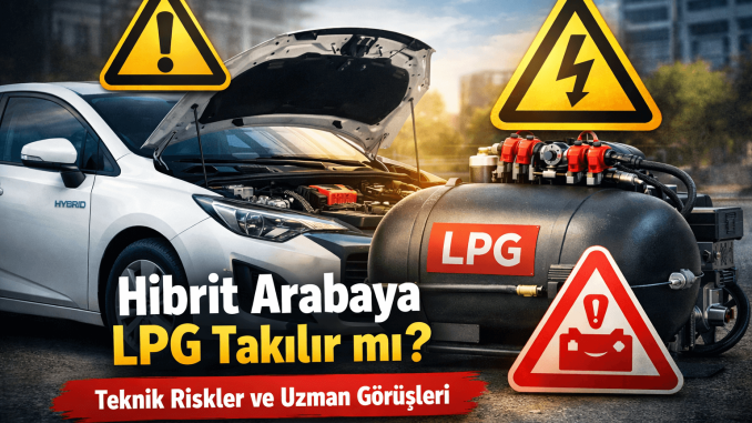 Hibrit arabaya LPG takılır mı sorusunu gösteren görsel; açık kaputlu hibrit araç, LPG tankı ve teknik risk uyarı sembolleri